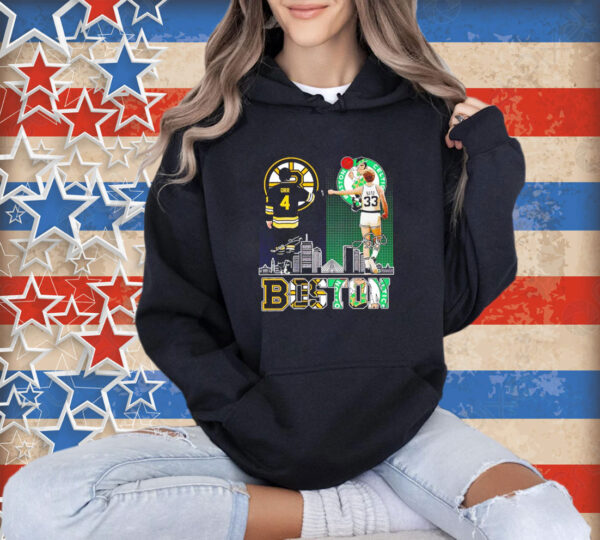 Boston Bobby Orr and Larry Bird legends signatures T-shirt