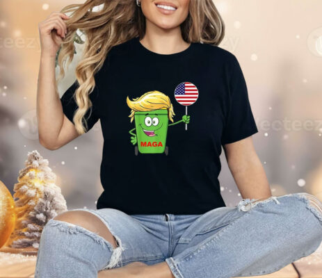 Funny Trump MAGA Cartoon Garbage Can American Flag Shirt